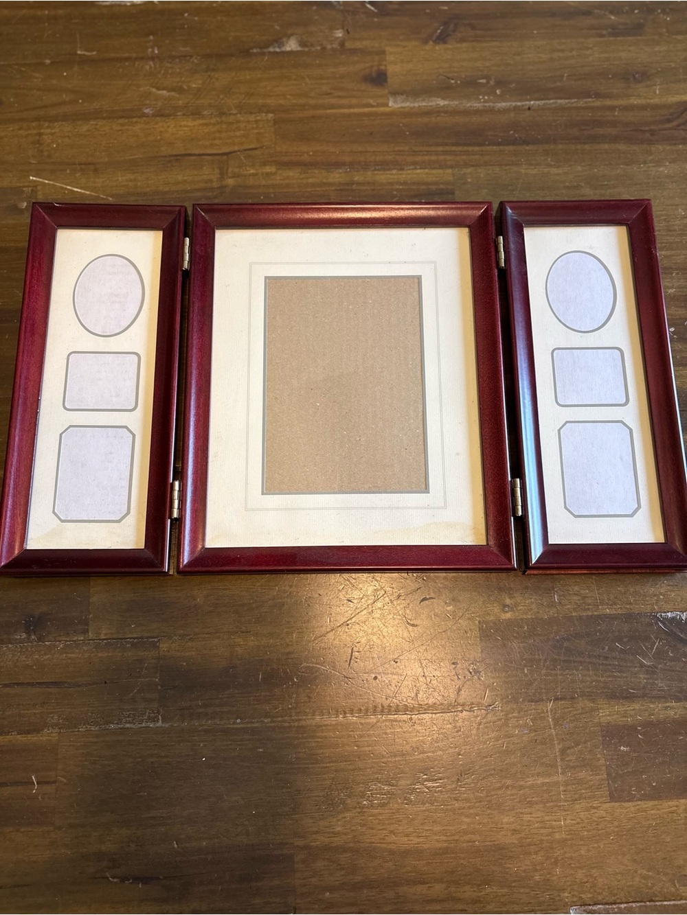 Vintage Dark Wood Tri-Fold Hinged Collage Picture Frame 7 Openings Matted Mini